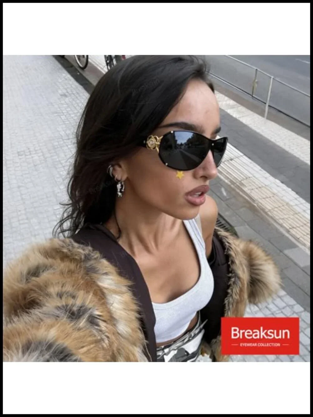 Oversized Y2K Rimless Shield Sunglasses with Rhinestone Camellia Temples UV400